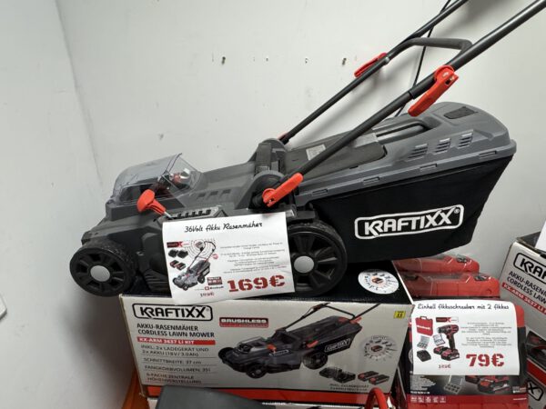 Kraftixx Akku Rasenmäher 36 Volt 37cm Schnittbreite mit Korb & 2 Akkus+Ladegeräte