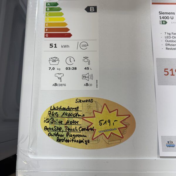 Siemens Waschautomat 7KG 1400U/min iSensoric IQ300 EEK:B – Bild 3