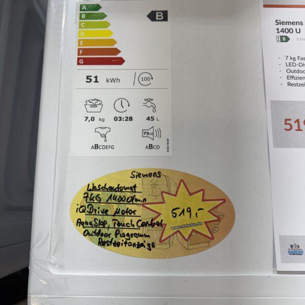 Siemens Waschautomat 7KG 1400U/min iSensoric IQ300 EEK:B – Bild 3