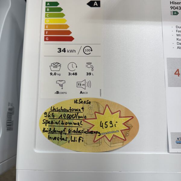 HiSense Waschautomat 9KG 1400U/min WiFi Heißdampf Fernsteuerung EEK A – Bild 3