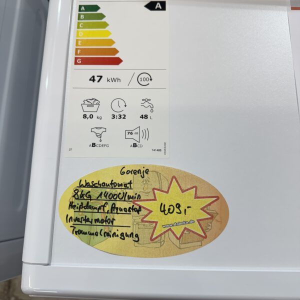 Gorenje Waschmaschine 8KG 1400U/min Heißdampf PowerWash Trommelreinigung EEK:A – Bild 3