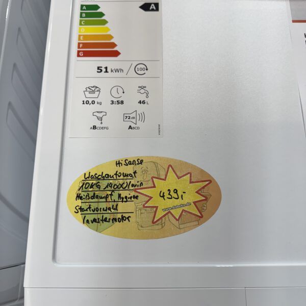 HiSense Waschmaschine 10KG 1400U/min PureJet Inverter Heißdampf großes Bullauge EEK:A – Bild 3