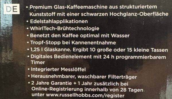 Russel Hobbs Kaffeemaschine schwarz mit Timer 1,25L Glaskanne – Bild 3