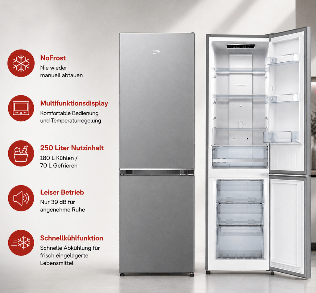 Beko NoFrost Kühl-/ Gefrierkombination 180cm 250L Nutzinhalt EEL: C